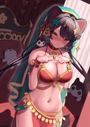Rule 34 | 1girl, ami no fuda, animal ears, arabian clothes, ban (inui toko), belly chain, bikini, blush, breasts, brown hair, dog ears, dog girl, dog tail, ear piercing, earrings, flower, hair flower, hair ornament, heterochromia, index fingers together, indoors, inui toko, jewelry, ken (inui toko), large breasts, long hair, looking at viewer, low twintails, navel, nijisanji, nose blush, pelvic curtain, piercing, red bikini, red eyes, red skirt, side slit, skirt, stomach, swimsuit, tail, twintails, veil, very long hair, virtual youtuber, yellow eyes