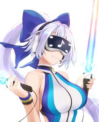 Rule 34 | 1girl, blue bow, blue one-piece swimsuit, bow, breasts, competition swimsuit, dual wielding, energy sword, fate/grand order, fate (series), hair between eyes, hair bow, head-mounted display, headset, highres, holding, large breasts, long hair, one-piece swimsuit, ponytail, silver hair, smile, solo, swimsuit, sword, tinted eyewear, tohoho (hoshinoyami), tomoe gozen (fate), tomoe gozen (swimsuit saber) (fate), tomoe gozen (swimsuit saber) (first ascension) (fate), two-tone swimsuit, virtual reality, visor, vr visor, weapon, white one-piece swimsuit, wristband