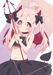 Rule 34 | 1girl, ahoge, bare arms, bare shoulders, belt, black belt, black bow, black choker, black skirt, black tail, black tube top, blush, bow, brown eyes, buckle, choker, cleavage cutout, clenched hand, closed mouth, clothing cutout, commentary, demon girl, demon horns, demon tail, demon wings, dot nose, frilled choker, frilled tube top, frills, genderswap, genderswap (mtf), hair between eyes, hands up, heart, heart-shaped buckle, heart belt, highres, holding trident, horn bow, horn ornament, horns, long hair, looking at viewer, midriff, mochitsuki kagami, multicolored background, navel, onii-chan wa oshimai!, oyama mahiro, pink hair, red horns, red wings, sidelocks, skirt, solo, standing, strapless, tail, tube top, twintails, wings