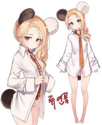 Rule 34 | 10s, 1girl, :o, animal ears, arms at sides, bare legs, blade &amp; soul, blonde hair, blush, brown eyes, closed mouth, collared shirt, dress shirt, dressing, eyelashes, flat chest, head tilt, long hair, long sleeves, looking at viewer, lyn (blade &amp; soul), midriff peek, multiple views, naked shirt, necktie, no pants, open clothes, open shirt, panties, pigeon-toed, pokan (xz1128), shirt, shoes, sideways glance, simple background, skindentation, sleeves past wrists, standing, surprised, tail, underwear, white background, white footwear, white panties, white shirt, yellow necktie
