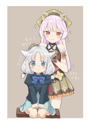 Rule 34 | 2girls, ?, animal ears, bare shoulders, black shirt, blue bow, blue eyes, blue skirt, blush, borrowed character, bow, brown background, brown gloves, brown skirt, closed mouth, commentary request, cropped legs, fiora ariete, gloves, hand on another&#039;s head, head scarf, highres, horns, juliet sleeves, long hair, long sleeves, low twintails, multiple girls, original, parted bangs, pink hair, pleated skirt, puffy sleeves, red eyes, red shirt, sekira ame, shirt, short twintails, silver hair, sitting, skirt, smile, sparkle, standing, sweat, translation request, twintails, two-tone background, very long hair, wavy mouth, white background