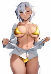 Rule 34 | 1girl, asymmetrical bangs, bikini, black nails, breasts, collarbone, commentary request, dark-skinned female, dark skin, front-tie bikini top, front-tie top, gold bikini, hair between eyes, highres, kantai collection, large breasts, long hair, long sleeves, looking at viewer, musashi (kancolle), navel, off shoulder, open mouth, partially unbuttoned, red eyes, shirt, smile, swimsuit, very long hair, white background, white shirt, yunamaro