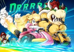 Rule 34 | 1girl, 2boys, :d, armlet, artist name, blonde hair, blue eyes, bowser, bracelet, breasts, brooch, brown footwear, claws, constricted pupils, crown, dress, driving, earrings, elbow gloves, engine, eyelashes, facial hair, floating hair, gloves, glowing, go-kart, hat, highres, horns, jewelry, lips, long dress, long hair, looking at another, mario (series), mario kart, mario kart 7, mario kart 8, medium breasts, multiple boys, mustache, nintendo, nose, nostrils, open mouth, pedal, pink dress, princess, princess peach, puffy short sleeves, puffy sleeves, race vehicle, racing, rainbow road, rcolorsex, red eyes, red hair, red headwear, red shirt, sharp teeth, shell, shirt, shoes, short sleeves, sitting, size difference, smile, smoke, sound effects, speed lines, sphere earrings, spiked armlet, spiked bracelet, spiked shell, spikes, steering wheel, teeth, thick eyebrows, thrusters, wheel, white gloves