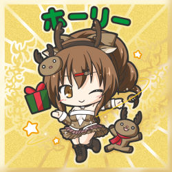 Rule 34 | 1girl, ;), animal, animal ears, bikkuriman (style), blush, boots, bow, breasts, brown bow, brown eyes, brown footwear, brown hair, brown hairband, brown shirt, brown skirt, brown sleeves, character name, chibi, cross-laced footwear, deer ears, detached sleeves, fake animal ears, fake antlers, flower knight girl, full body, gift, hair between eyes, hair bow, hair ornament, hairband, hairclip, high ponytail, holly (flower knight girl), knee boots, lace-up boots, long hair, long sleeves, medium breasts, one eye closed, outstretched arm, pleated skirt, ponytail, reindeer, reindeer hair ornament, ri-net, shirt, sidelocks, skirt, smile, solo, star (symbol), strapless