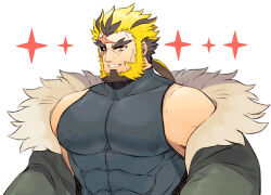 Rule 34 | 1boy, bara, bare shoulders, blonde hair, covered abs, covered nipples, highres, hiwen-d, large pectorals, looking at viewer, male focus, mature male, muscular, muscular male, off shoulder, original, pectorals, seductive smile, shirt, short hair, smile, solo, taut clothes, taut shirt, thick beard, thick eyebrows, upper body