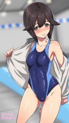 Rule 34 | 1girl, black hair, blue one-piece swimsuit, blush, breasts, collarbone, competition swimsuit, contrapposto, dated, hayasui (kancolle), indoors, jacket, kantai collection, katou techu, looking at viewer, one-hour drawing challenge, one-piece swimsuit, open clothes, open jacket, pool, short hair, grey eyes, small breasts, solo, standing, swimsuit, twitter username, white jacket