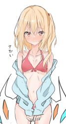 Rule 34 | 1girl, bikini, blonde hair, blush, breasts, cleavage, closed mouth, collarbone, commentary request, crystal, flandre scarlet, highres, looking at viewer, medium hair, navel, nono54558, one side up, red bikini, red eyes, simple background, small breasts, solo, swimsuit, touhou, white background, wings
