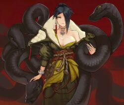 Rule 34 | 1girl, absurdres, animal, asymmetrical hair, belt pouch, black hair, black snake, bracelet, breasts, brown sash, cleavage, closed mouth, coat, collar, earrings, feet out of frame, green coat, green eyes, hair over one eye, hair up, hand up, highres, holding, holding animal, jewelry, klinck foster, large breasts, looking ahead, looking at viewer, mole, mole under eye, mole under mouth, obi, original, oversized animal, petting, pouch, red background, ring, rope belt, sash, simple background, single earring, slit pupils, snake, solo, standing, winter clothes, winter coat