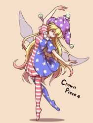 Rule 34 | 1girl, american flag, american flag dress, american flag legwear, american flag print, american flag shirt, arm up, ballet, blonde hair, blush, character name, clownpiece, commentary request, dress, fairy, fairy wings, frilled shirt collar, frills, hat, highres, jester cap, leggings, long hair, looking down, neck ruff, pantyhose, pink eyes, plantar flexion, polka dot, print shirt, shitacemayo, short sleeves, solo, standing, star (symbol), tiptoes, touhou, transparent wings, very long hair, wings