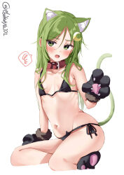 Rule 34 | 1girl, animal hands, bikini, black bikini, breasts, cat paws, collar, crescent, crescent hair ornament, crescent pin, ebifurya, green hair, hair ornament, highres, kantai collection, long hair, looking at viewer, nagatsuki (kancolle), navel, ribs, side-tie bikini bottom, small breasts, solo, stomach, swimsuit, twitter username, white background