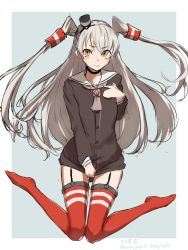 Rule 34 | 1girl, amatsukaze (kancolle), brown dress, character name, closed mouth, dated, dress, full body, garter straps, grey hair, grey neckerchief, hair tubes, highres, kantai collection, long hair, long sleeves, looking at viewer, neckerchief, orange eyes, red thighhighs, sailor collar, sailor dress, short dress, simple background, sketch, solo, striped clothes, striped thighhighs, thighhighs, twitter username, two side up, umibudou, white sailor collar