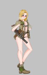 Rule 34 | 1girl, absurdres, ankle boots, black bra, black panties, blonde hair, blue eyes, blush, boots, bra, breasts, brown footwear, brown shirt, carrying, cleavage, clenched hand, commentary, cross-laced footwear, english commentary, frown, full body, german army, glaring, gloves, green gloves, grey background, grimace, gun, hand on own hip, harness, heel up, highres, long sleeves, looking at viewer, machine gun, medium breasts, medium hair, mp28, open clothes, open shirt, original, panties, shirt, simple background, sleeves rolled up, solo, standing, steam, submachine gun, underwear, weapon, weapon request, world war ii, yellow chease