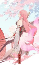 Rule 34 | 1girl, animal ears, back, bare shoulders, blue sky, branch, breasts, cherry blossoms, detached sleeves, earrings, falling petals, floating hair, floppy ears, floral print, flower knot, fox ears, fox tail, from above, genshin impact, hair between eyes, hair ornament, head tilt, highres, holding, holding umbrella, japanese clothes, jewelry, large breasts, lofter username, long hair, long sleeves, looking at viewer, looking back, looking up, low-tied long hair, multiple tails, nontraditional miko, oil-paper umbrella, parted lips, petals, pink hair, pink tail, profile, purple eyes, ribbon trim, rj (lingshih10), shirt, sidelocks, sitting, sky, sleeveless, sleeveless shirt, smile, solo, tail, tassel, thighs, tree, twitter username, umbrella, weibo watermark, white sleeves, wide sleeves, wind, yae miko