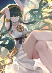 Rule 34 | 1girl, arms up, blunt bangs, blush, bracelet, breasts, choker, cleopatra (fate), cleopatra (third ascension) (fate), crossed legs, earrings, fate/grand order, fate (series), floating hair, green eyes, green hair, hairband, highres, hoop earrings, jewelry, large breasts, long hair, looking at viewer, mashuu (neko no oyashiro), necklace, ring, shorts, sidelocks, sitting, smile, solo, very long hair