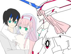 Rule 34 | 10s, 1boy, 1girl, arm around neck, backless dress, backless outfit, bare shoulders, black hair, blue horns, blush, breasts, bridal gauntlets, bridal veil, bridge, cleavage, closed eyes, collarbone, couple, darling in the franxx, dress, elbow gloves, gloves, green eyes, grey shirt, hair ornament, hairband, hand on another&#039;s back, hetero, hiro (darling in the franxx), horns, hug, kyouka jun, long hair, long shirt, long sleeves, looking at viewer, mecha, medium breasts, oni horns, pink hair, red horns, robot, shirt, short hair, strelizia, strelizia apus, strelizia true apus, veil, wedding, wedding dress, white gloves, white hair ornament, white hairband, zero two (darling in the franxx)