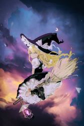 Rule 34 | 1girl, absurdres, black footwear, black skirt, black vest, blonde hair, bow, braid, broom, broom riding, closed mouth, cloud, cloudy sky, crescent moon, floating hair, from below, hair bow, hair ribbon, hat, hat bow, highres, huge filesize, insomnia (lnsomnia0510), kirisame marisa, lantern, light smile, long hair, looking at viewer, looking back, moon, night, night sky, outdoors, petticoat, puffy short sleeves, puffy sleeves, ribbon, shirt, short sleeves, side braid, single braid, skirt, skirt set, sky, solo, touhou, tress ribbon, twilight, very long hair, vest, white bow, white shirt, witch hat, yellow eyes