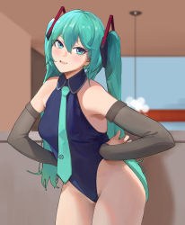 Rule 34 | 1girl, absurdres, bad anatomy, bad proportions, bare shoulders, blue eyes, blue hair, blue leotard, blue necktie, blurry, blurry background, collared leotard, cowboy shot, detached sleeves, grey sleeves, hands on own hips, hatsune miku, highres, indoors, leotard, long hair, looking at viewer, necktie, parted lips, rocher-hd, smile, solo, symbol-only commentary, twintails, very long hair, vocaloid