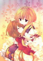 Rule 34 | 2girls, ana (rznuscrf), animal ears, bad id, bad pixiv id, barefoot, blonde hair, brown hair, cat ears, cat girl, cat tail, chen, closed eyes, female focus, floral background, frills, gathers, happy, holding, hug, light particles, multiple girls, multiple tails, no headwear, no headwear, smile, tail, touhou, yakumo yukari