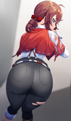 Rule 34 | 1boy, ass, blood, bow, brown hair, capelet, cuts, drill hair, edgar valden, from behind, green eyes, hair bow, hat, htkku, huge ass, identity v, injury, long hair, low ponytail, pants, skin tight, solo, tight clothes, tight pants, torn clothes