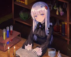 Rule 34 | 1girl, black bow, black dress, blush, book, bow, breasts, brooch, candle, closed mouth, collared dress, commentary request, dress, erlenmeyer flask, fire, flask, hair between eyes, hair ornament, head tilt, highres, hyonee, indoors, jewelry, long sleeves, looking at viewer, medium breasts, open book, original, purple eyes, purple hair, round-bottom flask, sleeves past wrists, smile, solo, vial
