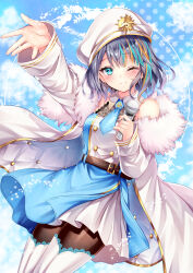 1girl ;) bare_shoulders belt belt_buckle blue_dress blue_eyes blue_hair blush boots breasts brown_belt brown_pantyhose buckle closed_mouth commission dress fur-trimmed_jacket fur_trim grey_hair hat holding holding_microphone jacket long_sleeves looking_at_viewer medium_breasts microphone multicolored_hair nogi_takayoshi off_shoulder one_eye_closed open_clothes open_jacket orange_hair original outstretched_arm pantyhose skeb_commission smile solo streaked_hair thigh_boots white_footwear white_hat white_jacket