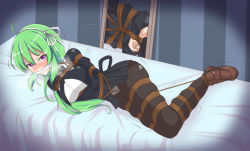 Rule 34 | 1girl, ahoge, arms behind back, assault lily, bdsm, bed, black ribbon, black skirt, blush, bondage, bound, bound ankles, bound legs, bound torso, bound wrists, bow hairband, breasts, brown footwear, brown pantyhose, cloth gag, clothes lift, commission, covered mouth, cropped jacket, crotch rope, crying, crying with eyes open, full-length mirror, full body, gag, gagged, glaring, green hair, hair between eyes, hair ribbon, hair spread out, hairband, heavy breathing, high-waist skirt, highres, improvised gag, indoors, juliet sleeves, large breasts, legs together, loafers, long hair, long sleeves, looking at viewer, lying, miniskirt, mirror, neck ribbon, nose blush, on bed, on side, panties, panties under pantyhose, pantyhose, pixiv commission, puffy sleeves, purple eyes, reflection, restrained, ribbon, saliva, school uniform, shibari, shibari over clothes, shiromaki, shirt, shoes, skindentation, skirt, skirt lift, solo, sweat, tanaka ichi, tears, trembling, underwear, v-shaped eyebrows, white hairband, white panties, white ribbon, white shirt, yurigaoka girls academy school uniform