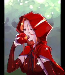 Rule 34 | 10s, 1girl, apple, breasts, bridal gauntlets, cloak, food, fruit, highres, idolmaster, idolmaster cinderella girls, little red riding hood, long hair, looking at viewer, medium breasts, open mouth, red eyes, red hair, sideboob, solo, tongue, tongue out, upper body, watanukin (etson122127), zaizen tokiko