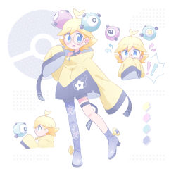 Rule 34 | !, !!, 1boy, akasaka (qv92612), blonde hair, blue eyes, blush, character hair ornament, clemont (pokemon), commentary, cosplay, creatures (company), full body, game freak, glasses, hair ornament, highres, iono (pokemon), iono (pokemon) (cosplay), jacket, lightning bolt symbol, looking at viewer, male focus, multiple views, nintendo, oversized clothes, pokemon, pokemon sv, pokemon xy, star (symbol), surprised, symbol-only commentary, yellow jacket