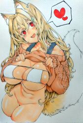 Rule 34 | 1girl, animal ear fluff, animal ears, bare shoulders, bikini, blonde hair, bottomless, breasts, cleavage, clothes lift, commentary request, eyepatch bikini, fang, fox ears, fox girl, fox tail, hair between eyes, heart, highres, large breasts, lifting own clothes, long hair, long sleeves, looking at viewer, navel, off shoulder, open mouth, original, red eyes, sabusupi, simple background, solo, spoken heart, sweater, sweater lift, swimsuit, tail, traditional media, very long hair, white background, white bikini