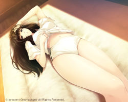 Rule 34 | 1girl, arm up, black hair, breasts, buruma, cameltoe, clothes lift, company name, dutch angle, foreshortening, from above, game cg, grey eyes, gym storeroom, gym uniform, hand in own hair, hand on own head, head tilt, indoors, innocent grey, kara no shoujo, kuchiki touko, large breasts, legs together, lifted by self, long hair, lying, mat, midriff, navel, on back, shade, shirt, shirt lift, short sleeves, single vertical stripe, solo, sugina miki, t-shirt, thighs, white buruma, white shirt, wooden floor