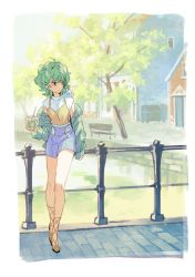 Rule 34 | blue eyes, bridge, circlet, cup, curly hair, dragon quest, dragon quest iv, drink, drinking straw, ebira, fence, full body, green hair, heroine (dq4), high-waist shorts, holding, holding cup, looking to the side, off-shoulder jacket, off shoulder, outdoors, short hair, shorts, slime (dragon quest), standing, tree
