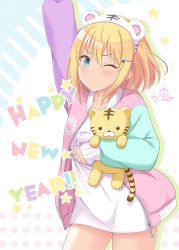 Rule 34 | 1girl, ;), animal ears, arm up, blonde hair, blush, breasts, chinese zodiac, closed mouth, collarbone, commentary request, cowboy shot, fake animal ears, hair between eyes, hair ornament, hairclip, happy new year, jacket, kaiware-san, long sleeves, new year, one eye closed, open clothes, open jacket, original, pink jacket, puffy long sleeves, puffy sleeves, shirt, signature, sleeves past wrists, small breasts, smile, solo, standing, stuffed animal, stuffed tiger, stuffed toy, tiger ears, white shirt, year of the tiger