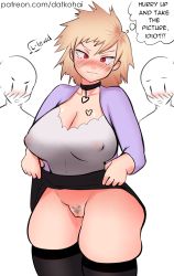 Rule 34 | 10s, 1girl, anon, bakugou mitsuki, blonde hair, blush, boku no hero academia, breasts, cleavage, cleft of venus, clothes lift, covered erect nipples, deee, exhibitionism, eyebrows, highres, large breasts, mature female, navel, no panties, open mouth, pubic hair, public indecency, pussy, red eyes, shirt, short hair, simple background, skirt, skirt lift, text focus, thighhighs, thighs, uncensored, white background