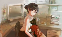 Rule 34 | 1girl, absurdres, bare shoulders, binder, brown eyes, brown hair, brown skirt, chair, closed mouth, collared shirt, crt, desk, earrings, food, food bite, gun, hair bun, hand tattoo, handgun, highres, holding, holding gun, holding weapon, id card, indoors, jewelry, keyboard (computer), lanyard, looking at viewer, miniskirt, monitor, office, office lady, original, polilla, pov, pov hands, sandwich, shirt, single hair bun, skirt, sleeveless, sleeveless shirt, smile, solo focus, sticky note, stud earrings, tattoo, weapon, wing collar