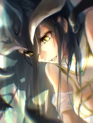 Rule 34 | 1girl, absurdres, albedo (overlord), black hair, breasts, cleavage, demon girl, demon horns, detached collar, dress, highres, horns, long hair, looking down, overlord (maruyama), parted lips, slit pupils, solo, upper body, white dress, white horns, xi shui fang, yellow eyes