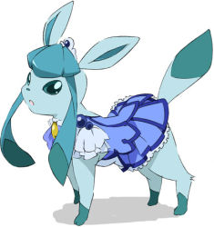 Rule 34 | blue skirt, clothed pokemon, cosplay, creatures (company), cure beauty, cure beauty (cosplay), game freak, gen 4 pokemon, glaceon, lowres, nintendo, no humans, pokemon, pokemon (creature), power connection, precure, simple background, skirt, smile precure!, solo, umanosuke, white background