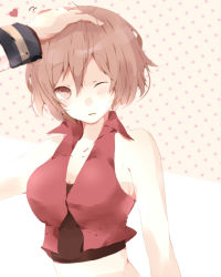 Rule 34 | 1girl, breasts, brown hair, hand on head, head pat, headpat, kaito (vocaloid), large breasts, meiko (vocaloid), naniiro, one eye closed, red eyes, short hair, smile, solo focus, vocaloid, wink