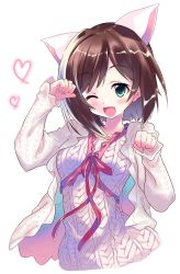 Rule 34 | 1girl, ;d, absurdres, animal ears, bad id, bad twitter id, brown hair, cat ears, commentary request, cropped torso, dress, fang, green eyes, heart, highres, idolmaster, idolmaster cinderella girls, jacket, long sleeves, looking at viewer, maekawa miku, one eye closed, open clothes, open jacket, open mouth, paw pose, red ribbon, ribbed dress, ribbon, short hair, smile, solo, standing, take shinobu, upper body, white background, white dress, white jacket