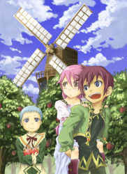 Rule 34 | 1girl, 2boys, aged down, apple, asbel lhant, bad id, bad pixiv id, blue eyes, blue hair, brothers, brown eyes, brown hair, carrying, cheria barnes, day, food, fruit, hubert ozwell, marimo (momiage), multiple boys, outdoors, piggyback, pink hair, siblings, tales of (series), tales of graces, windmill