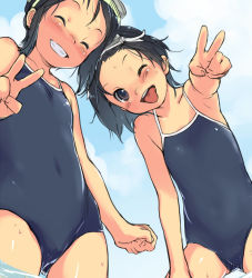 Rule 34 | 2girls, ;p, black eyes, black hair, blush, child, competition school swimsuit, covered navel, closed eyes, from below, goggles, goggles on head, grin, kikurage (crayon arts), leaning forward, multiple girls, one-piece swimsuit, one eye closed, school swimsuit, short hair, smile, swimsuit, tongue, tongue out, v, wading
