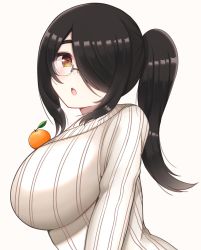 Rule 34 | 1girl, :o, absurdres, black hair, breasts, brown eyes, brown sweater, food, freckles, from side, fruit, glasses, hair over one eye, highres, indie virtual youtuber, itou life (vtuber), kasaki naru, large breasts, mandarin orange, one eye covered, open mouth, oppai mochi, ponytail, solo, sweater, tawawa challenge, virtual youtuber