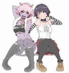 Rule 34 | 10s, 2girls, arm behind head, arm warmers, ashido mina, audio jack, belt, between legs, black eyes, black hair, black legwear, black sclera, blush, boku no hero academia, boots, casual, choker, clothes writing, colored sclera, colored skin, crop top, cross-laced footwear, feather boa, grey footwear, hand between legs, hand on another&#039;s shoulder, heart, heart necklace, highres, horns, ina (gokihoihoi), jewelry, jirou kyouka, knee boots, lace-up boots, midriff, multiple girls, necklace, open mouth, panties, panties under pantyhose, pantyhose, pantyhose under shorts, pantyshot, pink hair, plaid, plaid skirt, purple skin, shoes, short hair, short shorts, shorts, sitting, skirt, smile, striped, tank top, underwear, upskirt, yellow eyes