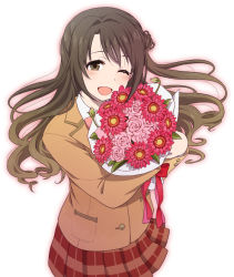 Rule 34 | 1girl, blazer, blush, bouquet, brown eyes, brown hair, curly hair, flower, half updo, holding, holding bouquet, idolmaster, idolmaster cinderella girls, jacket, long hair, mattaku mousuke, one eye closed, one side up, open mouth, pleated skirt, red ribbon, ribbon, rose, shimamura uzuki, simple background, skirt, smile, solo, white background