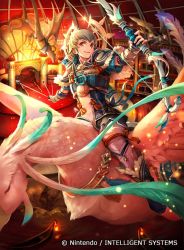 Rule 34 | 1boy, animal, armor, arrow (projectile), bird, boots, bow (weapon), brown eyes, building, crest, dragon, feathered wings, feathers, fire emblem, fire emblem cipher, fire emblem fates, grey hair, holding, holding arrow, holding bow (weapon), holding weapon, indoors, kiragi (fire emblem), konfuzikokon, lens flare, light particles, nintendo, oversized animal, pants, pegasus, quiver, smirk, stage, stairs, water, weapon, wings, wyvern, yumi (bow)