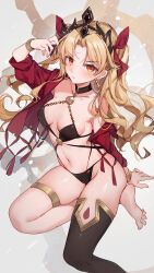 Rule 34 | 1girl, alternate costume, arm up, bare shoulders, barefoot, bikini, bison cangshu, black bikini, black choker, black thighhighs, blonde hair, bracelet, breasts, choker, closed mouth, earrings, ereshkigal (fate), fate/grand order, fate (series), frown, gold trim, highres, jacket, jewelry, long hair, long sleeves, looking at viewer, medium breasts, navel, off shoulder, open clothes, open jacket, parted bangs, red eyes, red jacket, single thighhigh, skindentation, solo, stomach, string bikini, swimsuit, thighhighs, thighlet, thighs, tiara, two side up, v-shaped eyebrows, very long hair