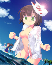 Rule 34 | 2girls, atlus, black hair, blue eyes, bob cut, bottomless, bow, bow panties, braid, breasts, brown hair, censored, clothes theft, convenient censoring, dutch angle, embarrassed, etrian odyssey, green eyes, highres, holding, holding clothes, holding panties, holding underwear, kazuboh, long hair, mask, monk (sekaiju), multiple girls, naked shirt, navel, no bra, no panties, one-piece swimsuit, open clothes, panties, school swimsuit, sekaiju no meikyuu, sekaiju no meikyuu 3, shinobi (sekaiju), shirt, short hair, striped clothes, striped panties, swimsuit, tears, theft, twintails, underwear, underwear theft, unworn panties, very long hair, wading, water, wet, wet clothes