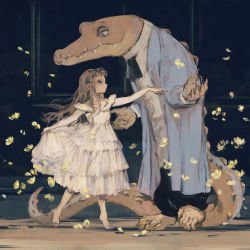 Rule 34 | 1girl, barefoot, brown eyes, brown hair, clothes lift, collarbone, commentary, crocodile, crocodilian, crocodilian tail, dark, dress, dress lift, english commentary, eye contact, falling petals, flower, frilled dress, frills, full body, furry, furry male, highres, lifting own clothes, long dress, long hair, looking at another, looking down, monster, original, personification, petals, sidelocks, sleeveless, sleeveless dress, solo, standing, tail, tiptoes, tono (rt0no), white dress, white flower
