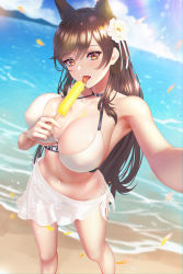 Rule 34 | 1girl, absurdres, animal ears, armpits, atago (azur lane), azur lane, bare shoulders, beach, bikini, black hair, blush, breasts, brown eyes, cleavage, collarbone, covered erect nipples, extra ears, fintowing, food, food on body, fruit, highres, large breasts, lemon, long hair, looking at viewer, navel, ocean, outdoors, petals, popsicle, ribbon, sand, sarong, selfie, sexually suggestive, solo, swept bangs, swimsuit, tongue, tongue out, water