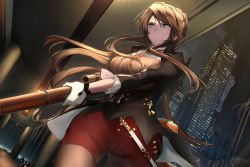 Rule 34 | 1girl, alternate costume, black coat, bolt action, braid, breasts, brown hair, building, city, city lights, cityscape, closed mouth, coat, french braid, girls&#039; frontline, gloves, green eyes, gun, hair ornament, holding, indoors, large breasts, lee-enfield, lee-enfield (girls&#039; frontline), long hair, looking away, night, night sky, o zone, pantyhose, ribbon, rifle, scenery, sky, skyscraper, solo, uniform, weapon, white gloves