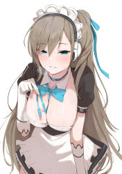 Rule 34 | 1girl, asuna (blue archive), blue archive, blue eyes, blue ribbon, breasts, brown hair, cleavage, commentary request, gloves, hair ribbon, highres, kobinbin, long hair, looking at viewer, maid, maid headdress, mole, mole on breast, ribbon, simple background, smile, solo, sweat, white background, white gloves